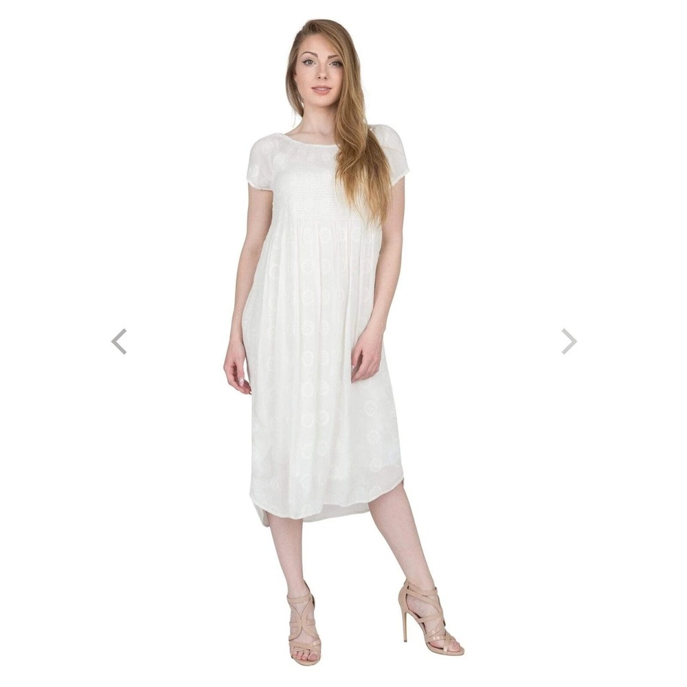 Velvet by Graham & Spencer White Smocked Embroidered Midi Dress XS Boho Cottage